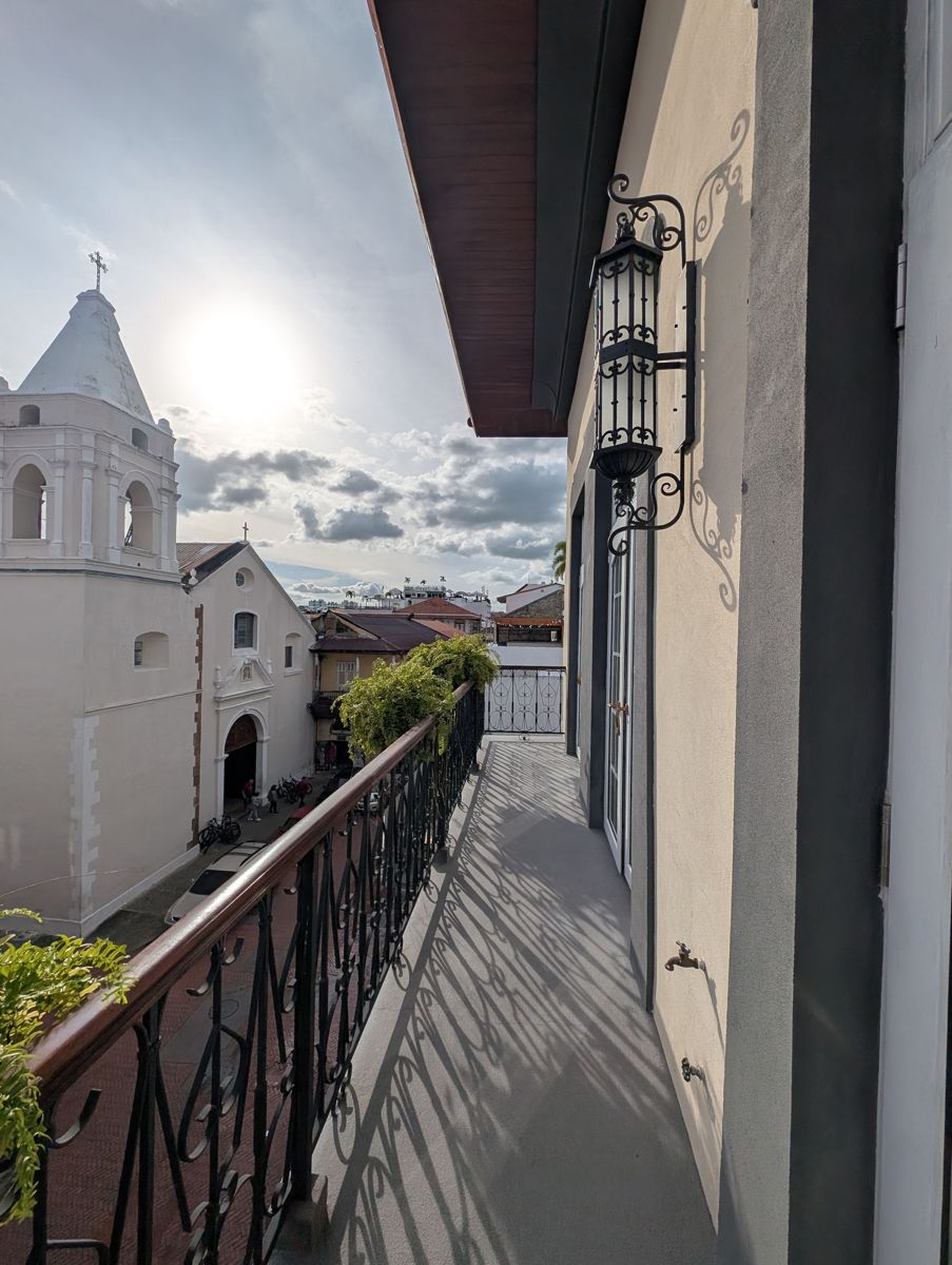 The balcony, looking down on the church across the street