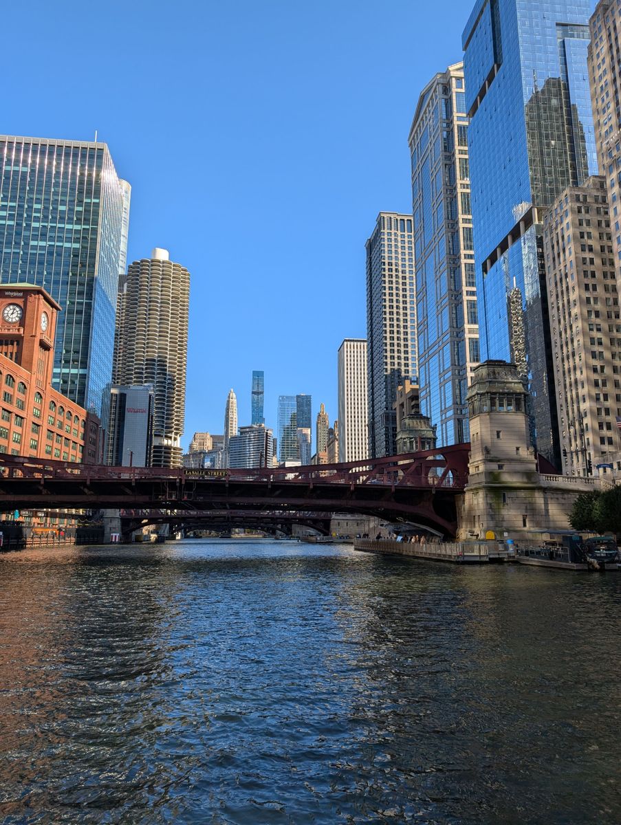 Under the LaSalle Street bridge, with the Reid Murdoch clock tower on the left
