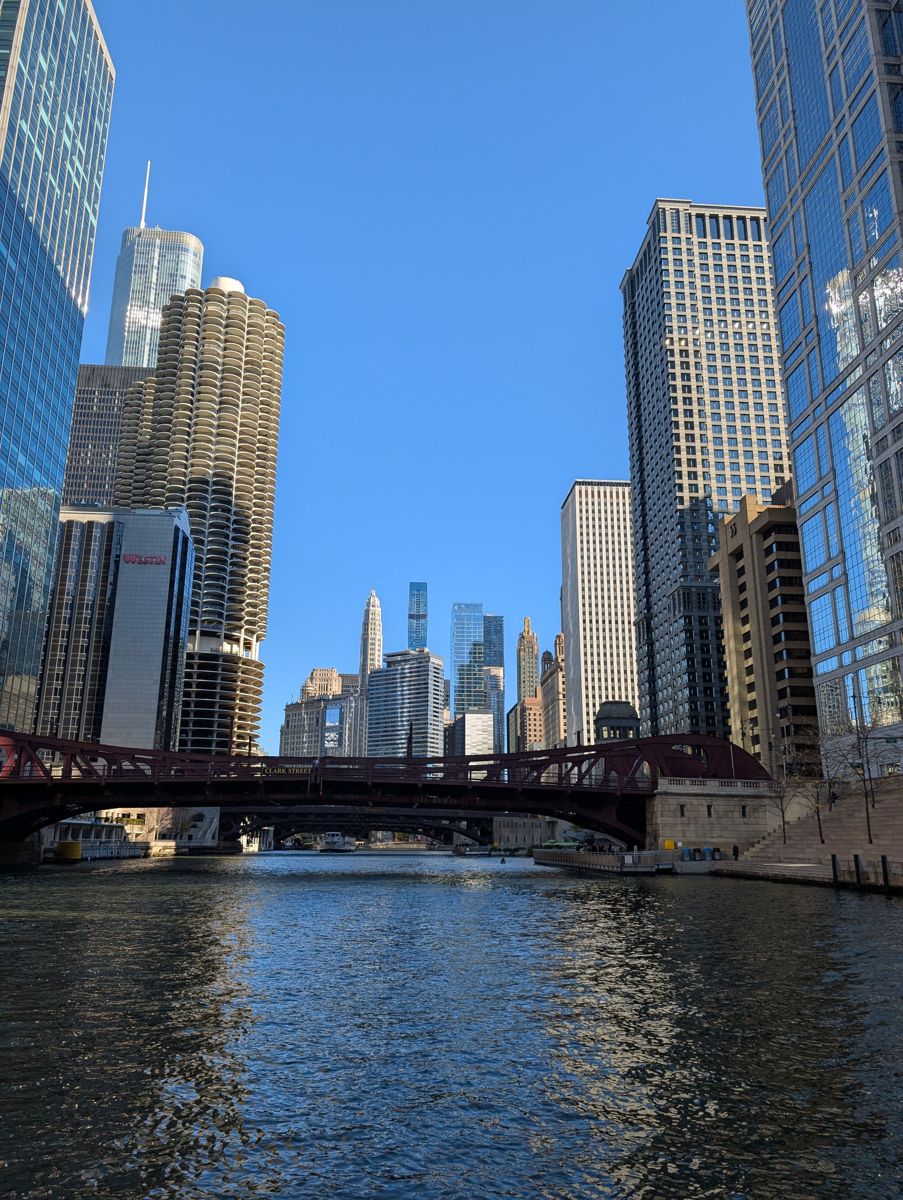 Marina City's corncob towers at the Clark Street bridge