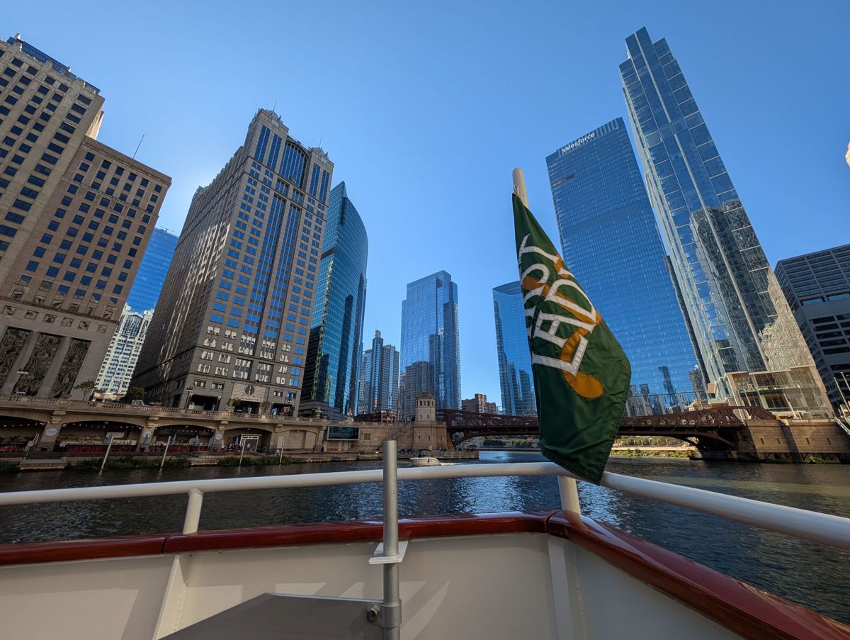 The First Lady's flag at Wolf Point, with the Salesforce Tower ahead