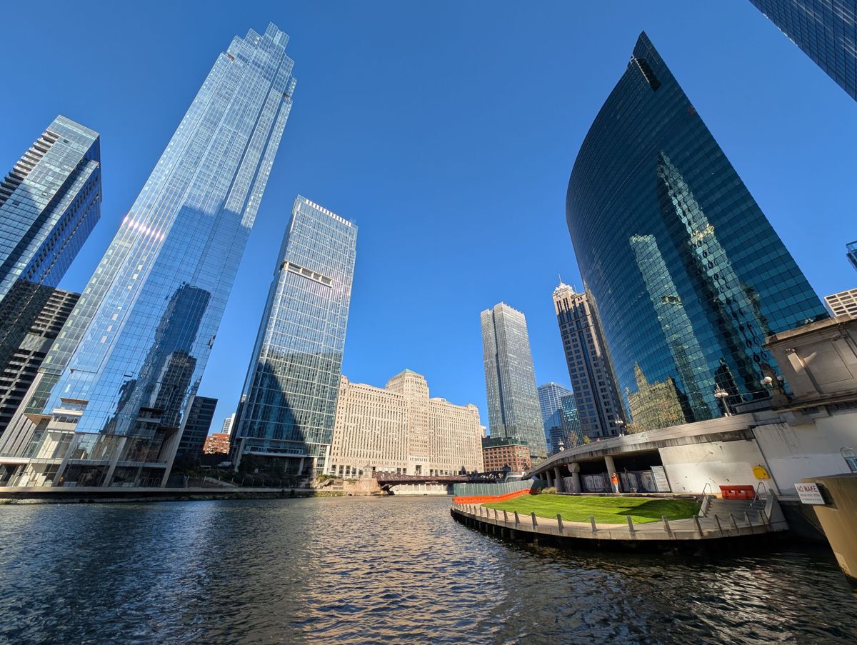 Where the river splits at Wolf Point, with 333 West Wacker's curved glass on the right