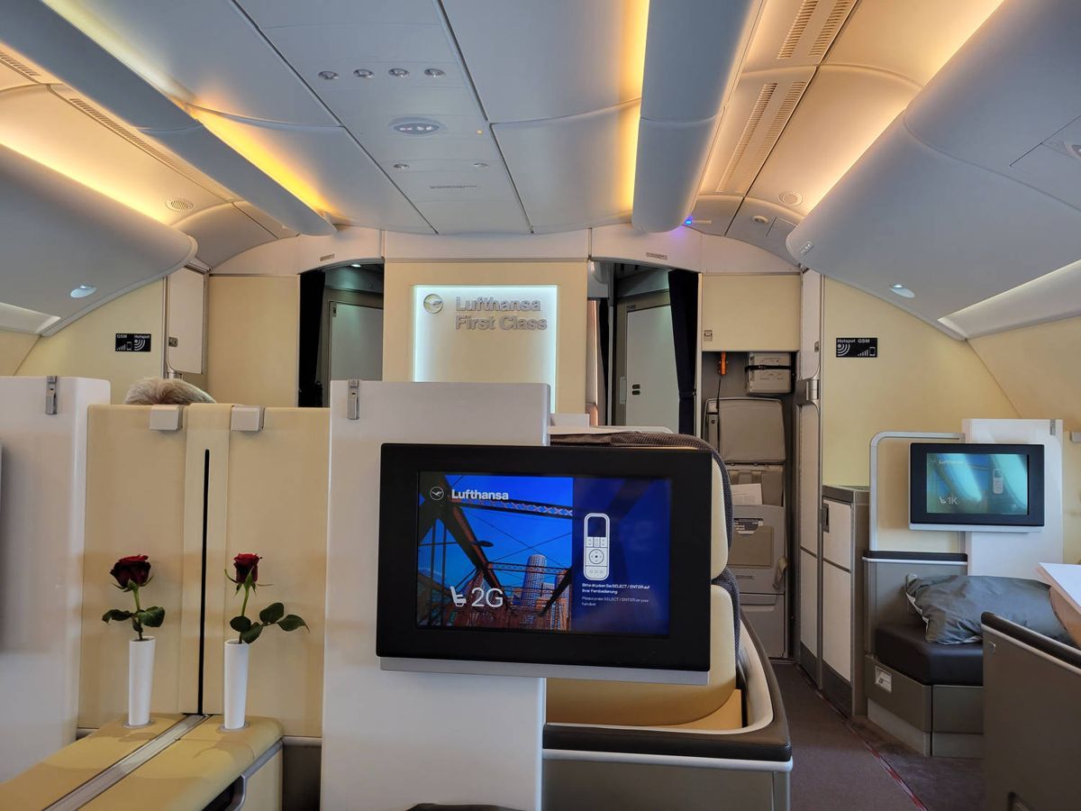 The Lufthansa first class cabin upstairs