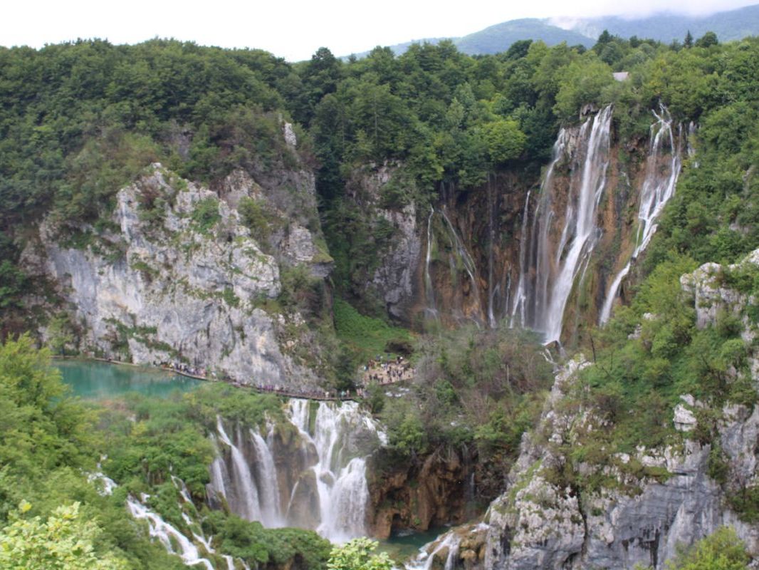 Waterfalls into the lakes at Plitvice