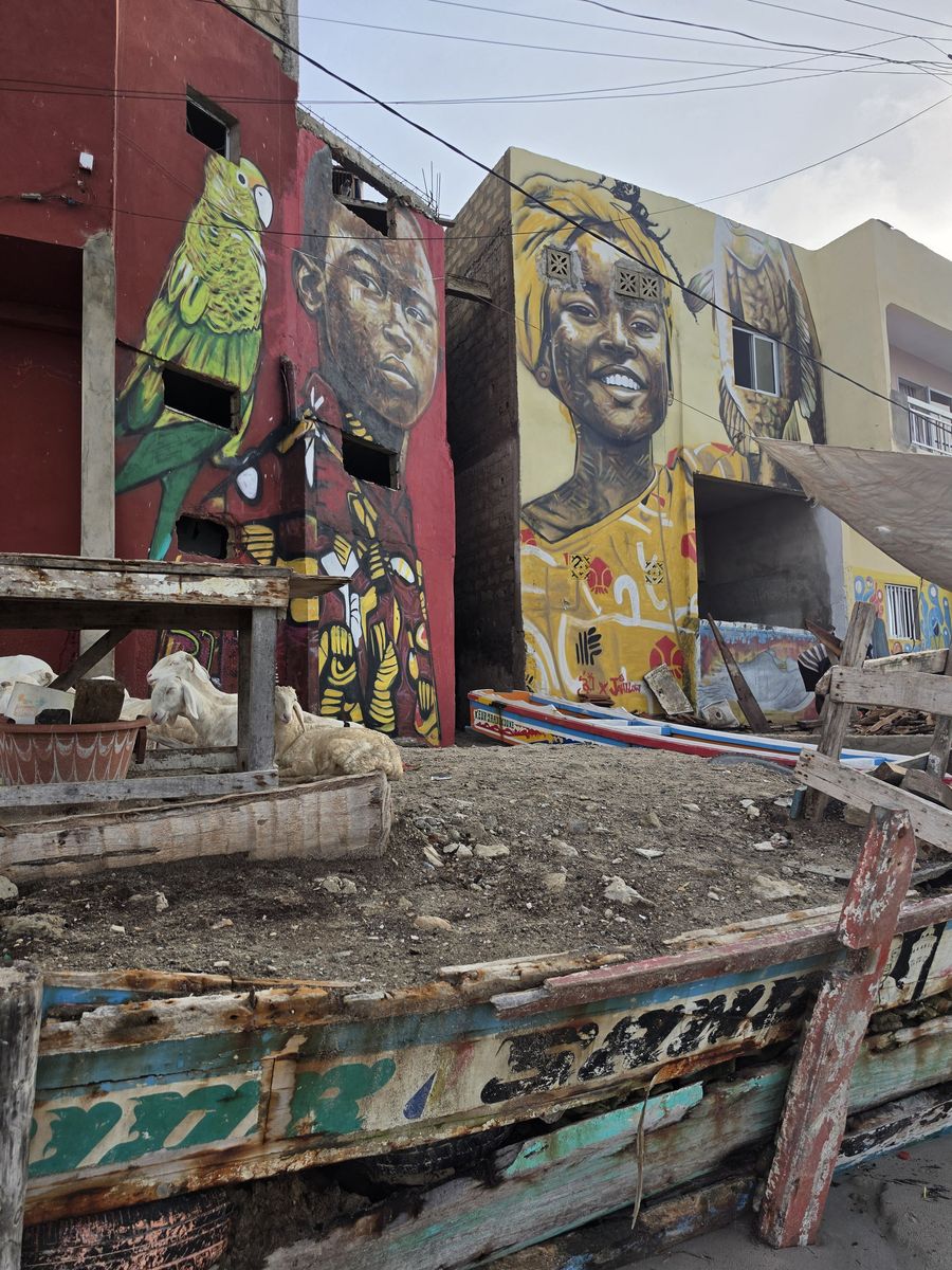 Murals above an old pirogue and resting sheep