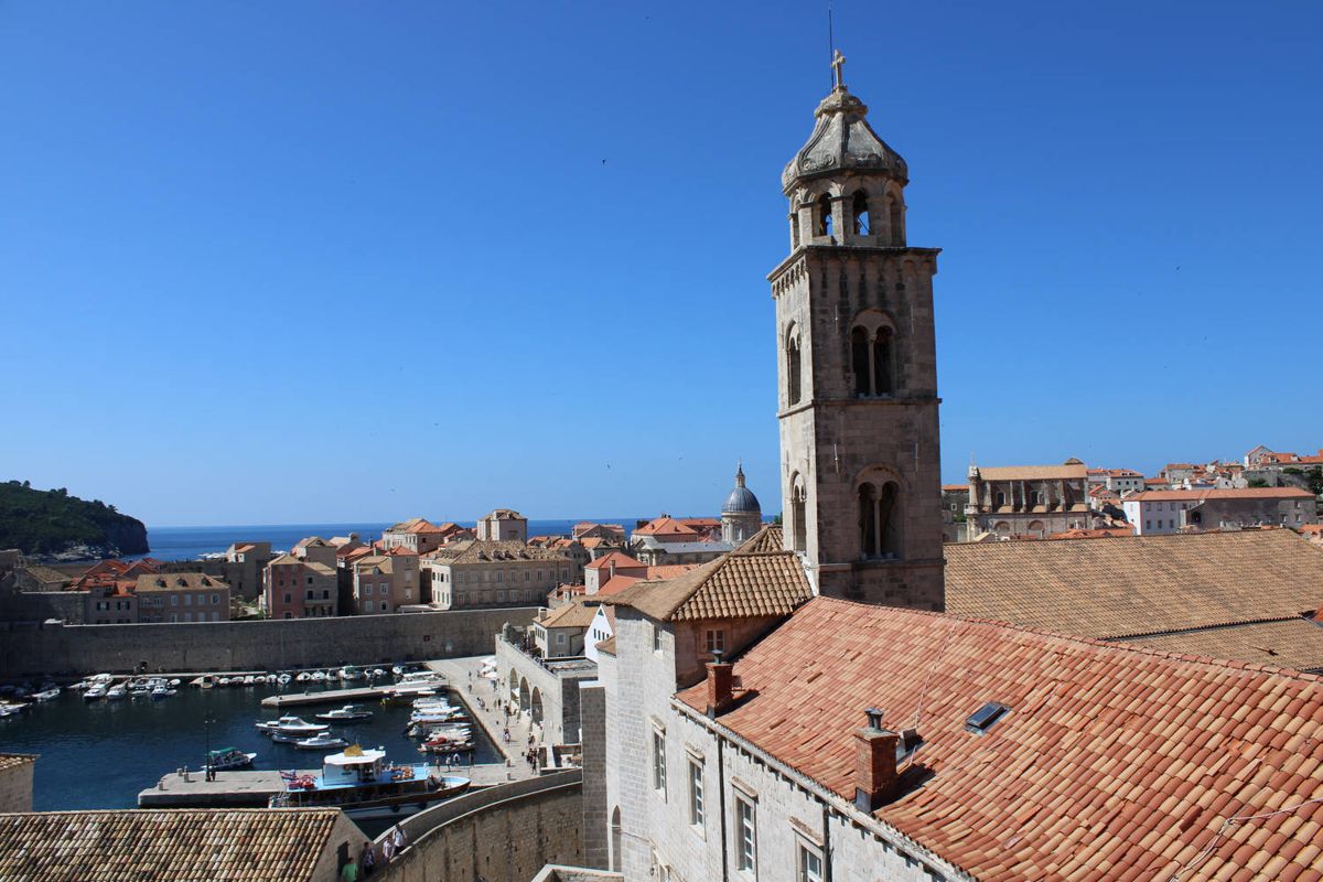 A bell tower over the rooftops