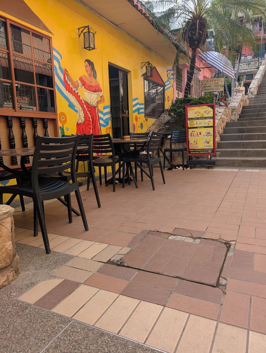 A café at step 304, with a cat under the table