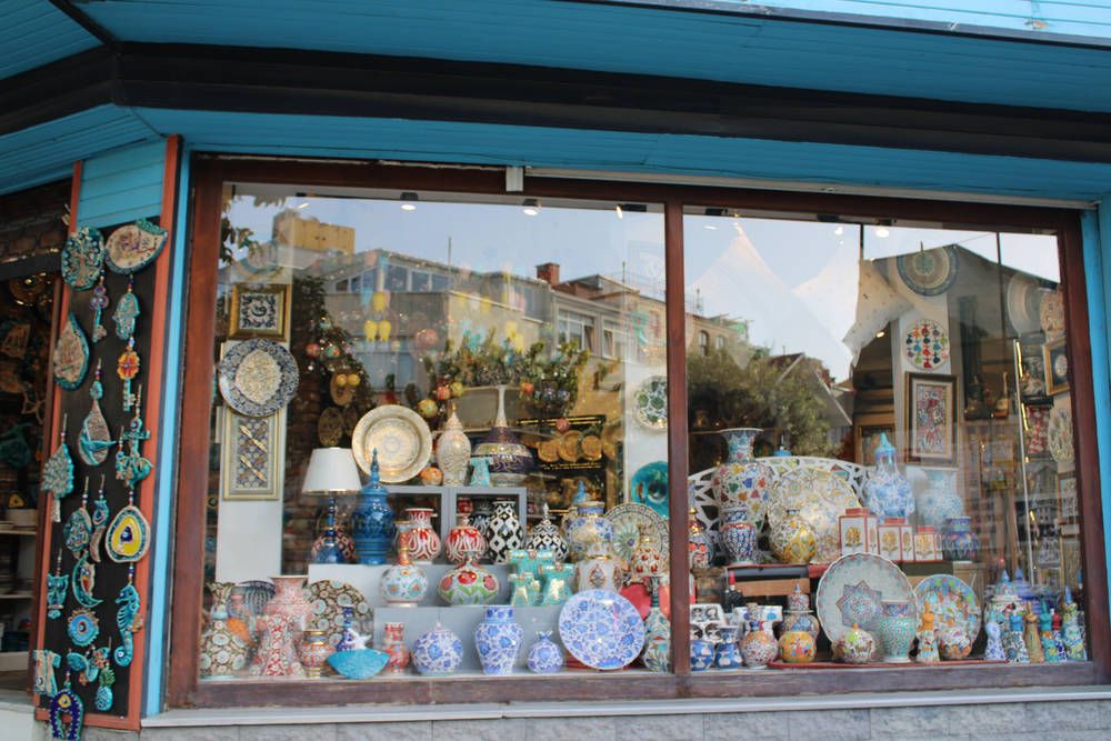 A shop window full of painted ceramics