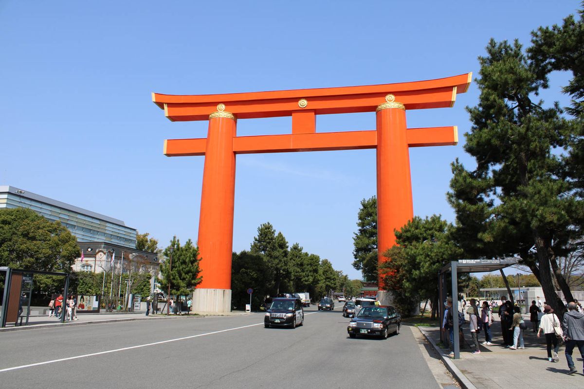 The giant orange torii over the road