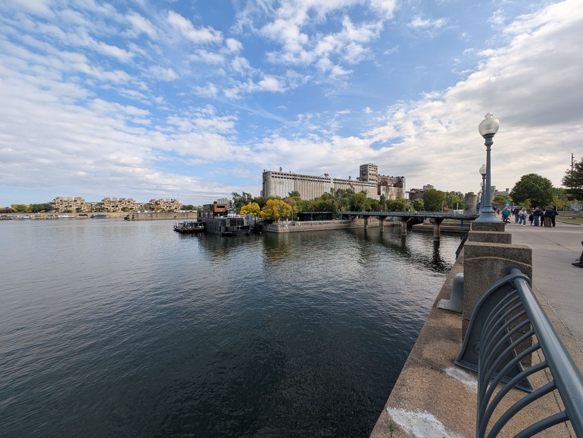 Silo No. 5 and the Bota Bota spa boat, with Habitat 67 across the water