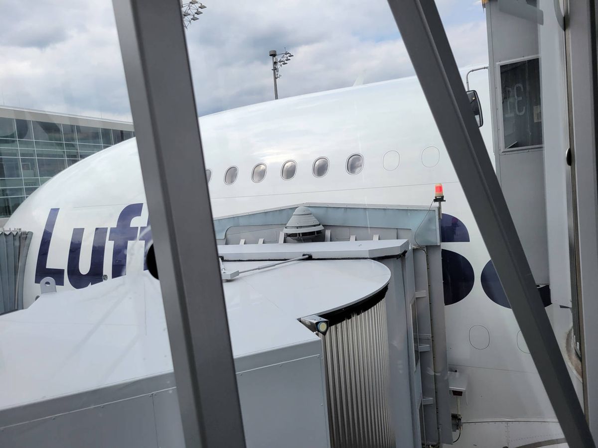 The A380 at the gate, through the jet bridge window