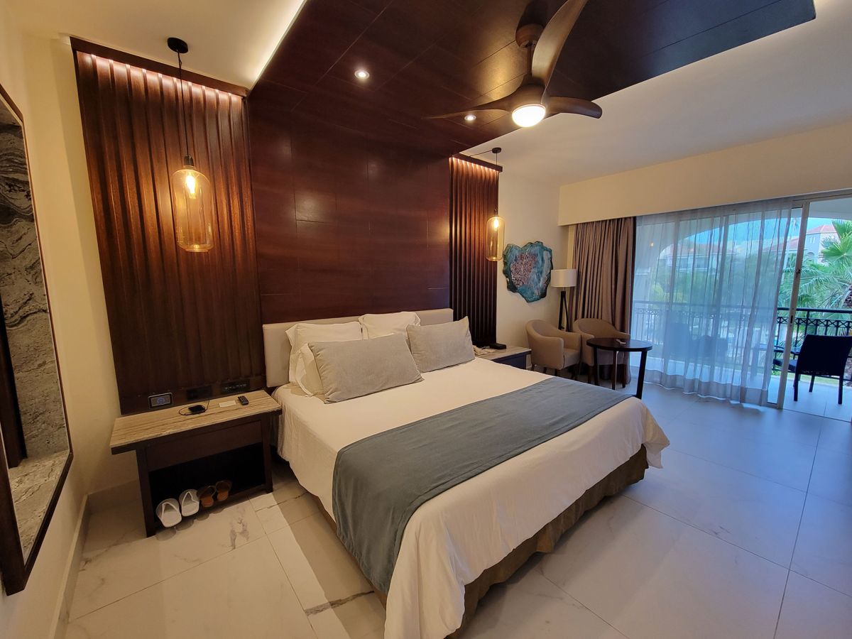 The bed and the balcony doors