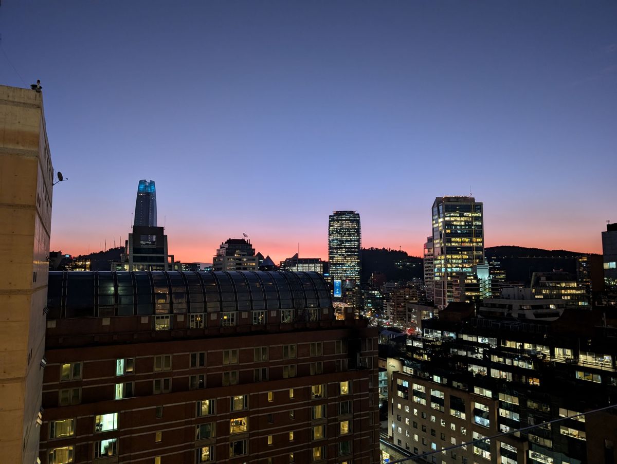 Sunset from the patio, with the Gran Torre Santiago lit up on the left