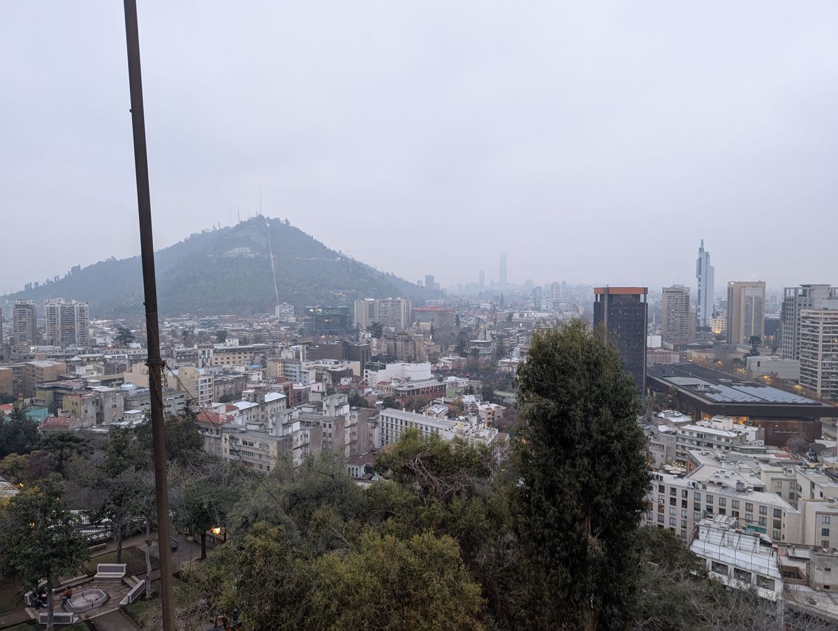 Cerro San Cristóbal, with the Gran Torre Santiago in the haze