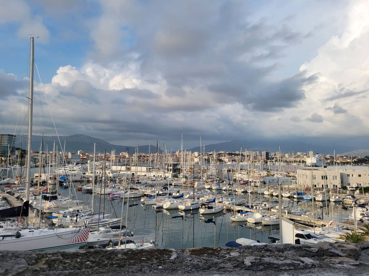The marina under big clouds