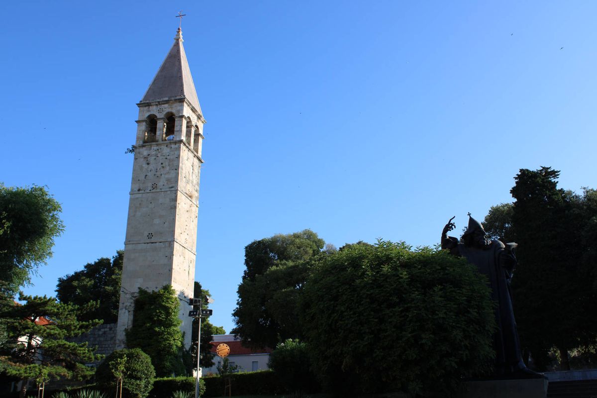 A bell tower beyond the trees