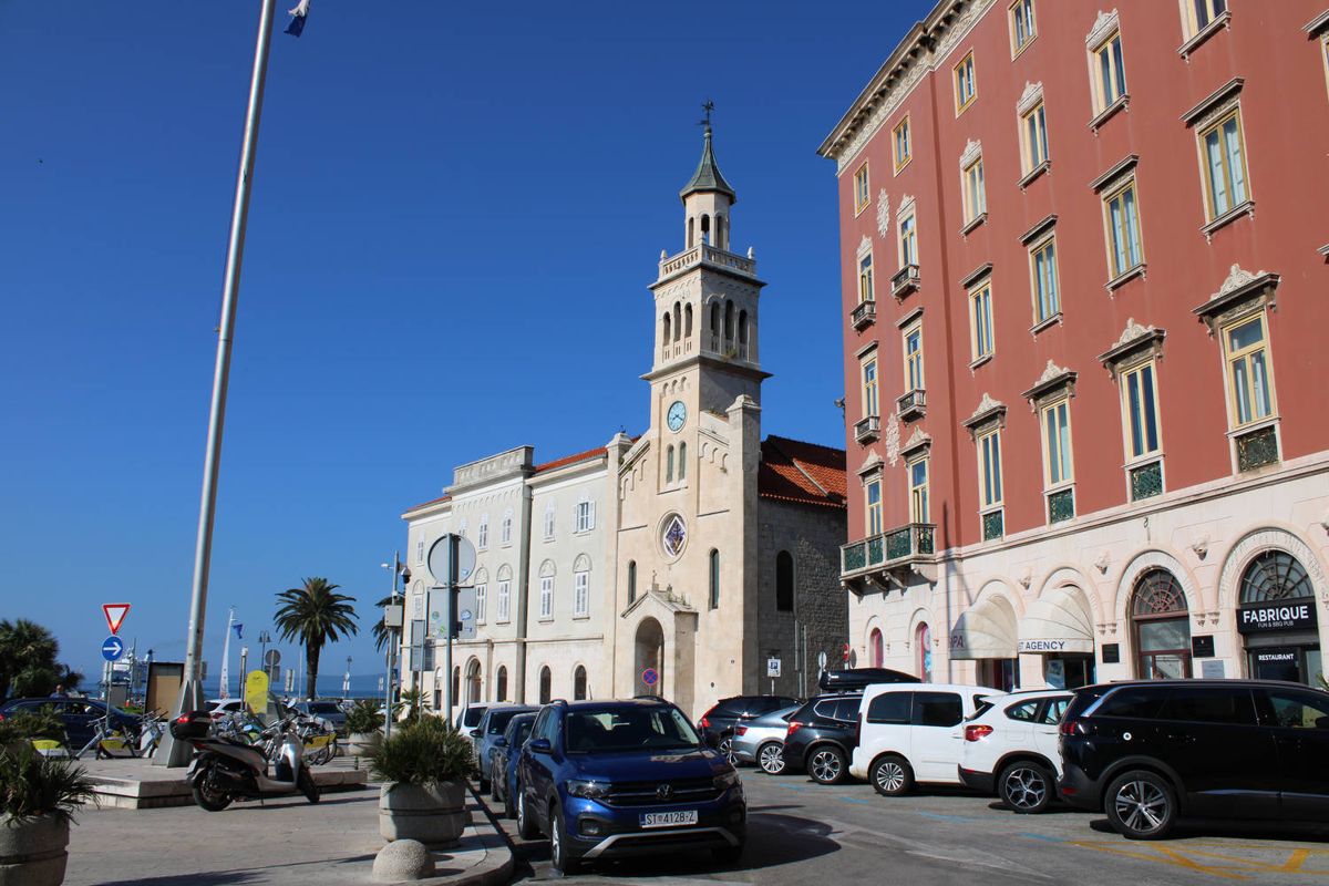 A church on a waterfront square