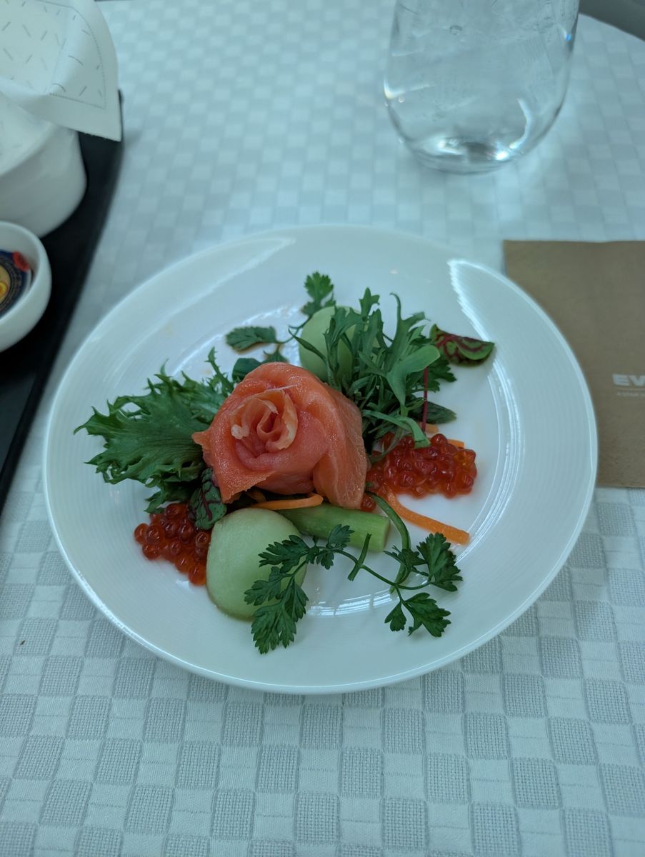 Smoked salmon rose with salmon roe