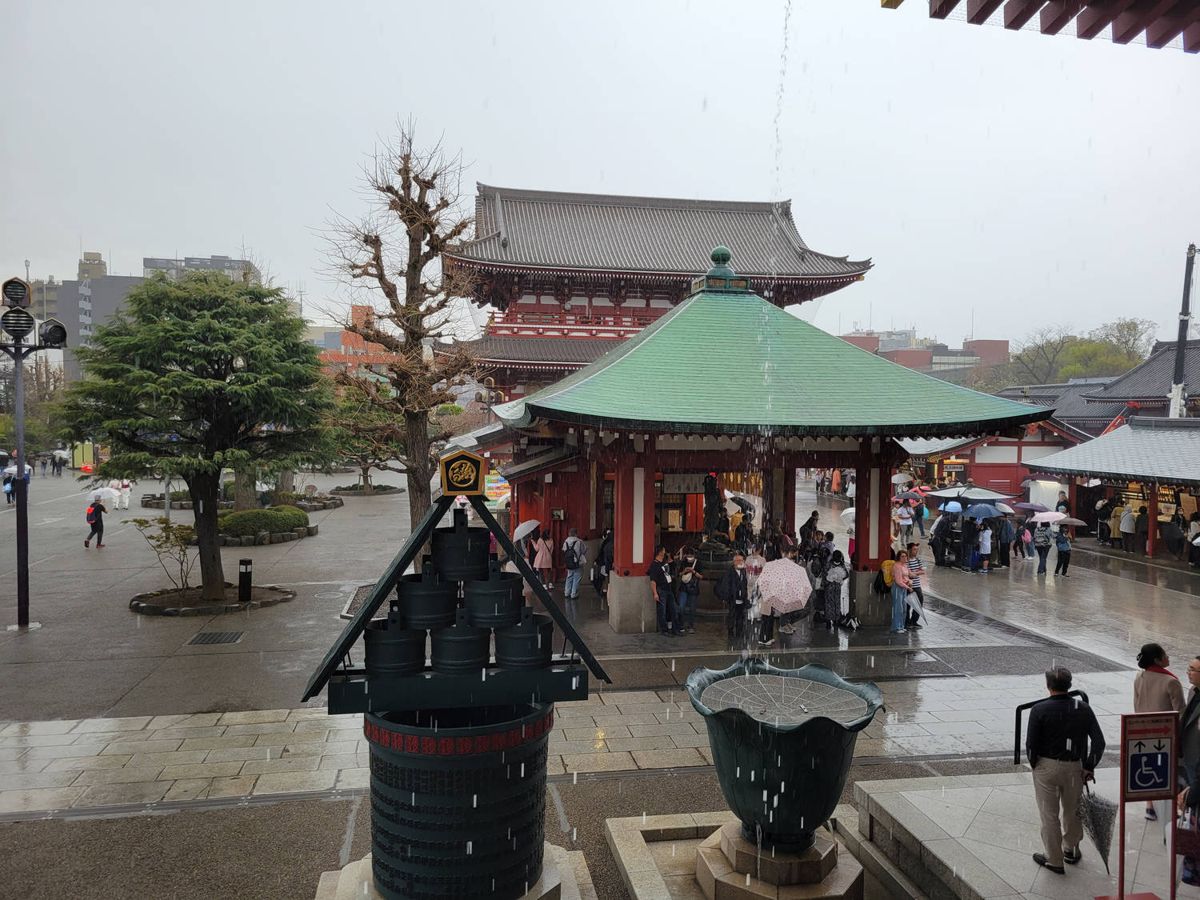 A temple courtyard in the rain