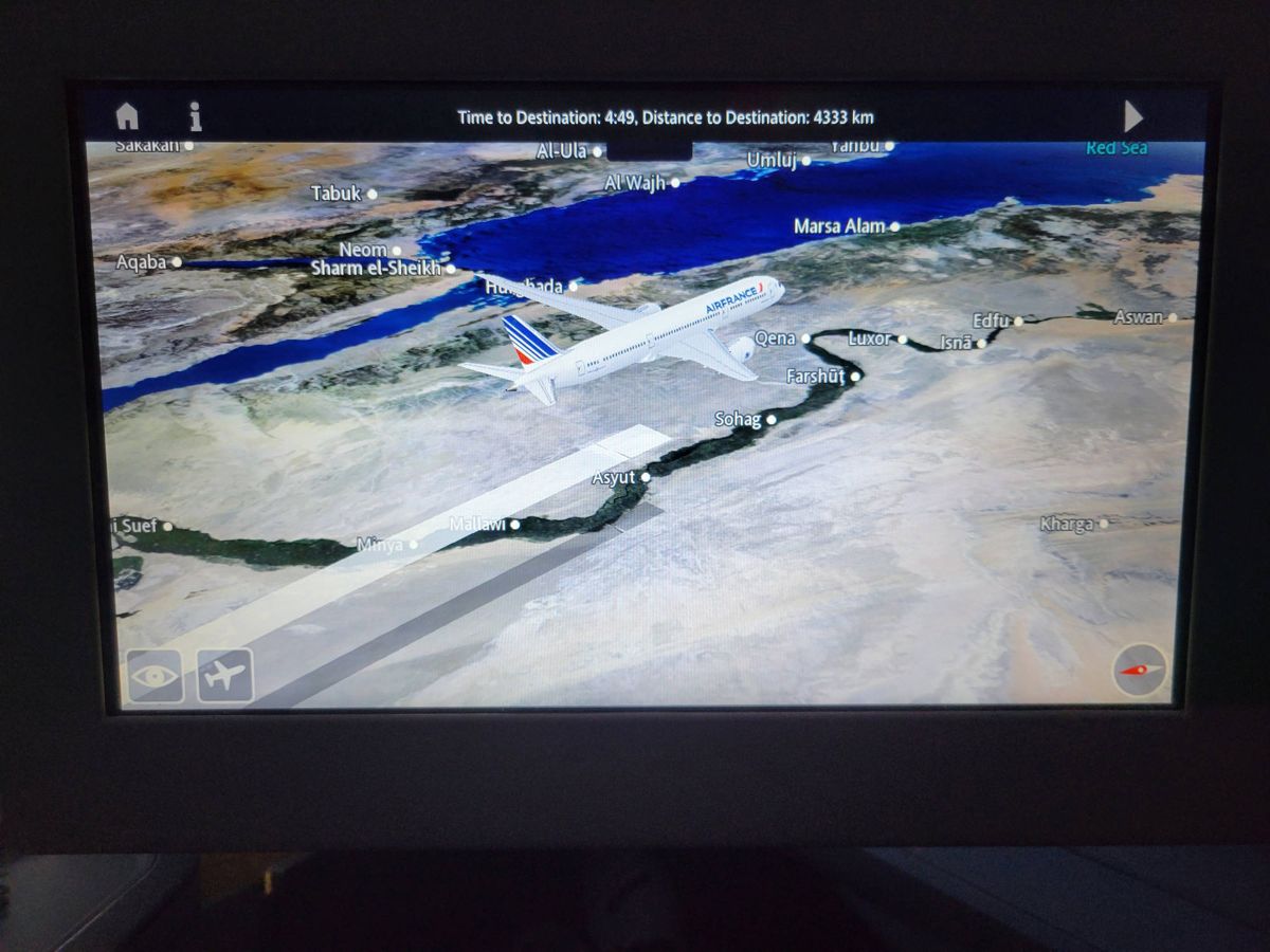 The flight map over the Nile, four hours and 49 minutes to go