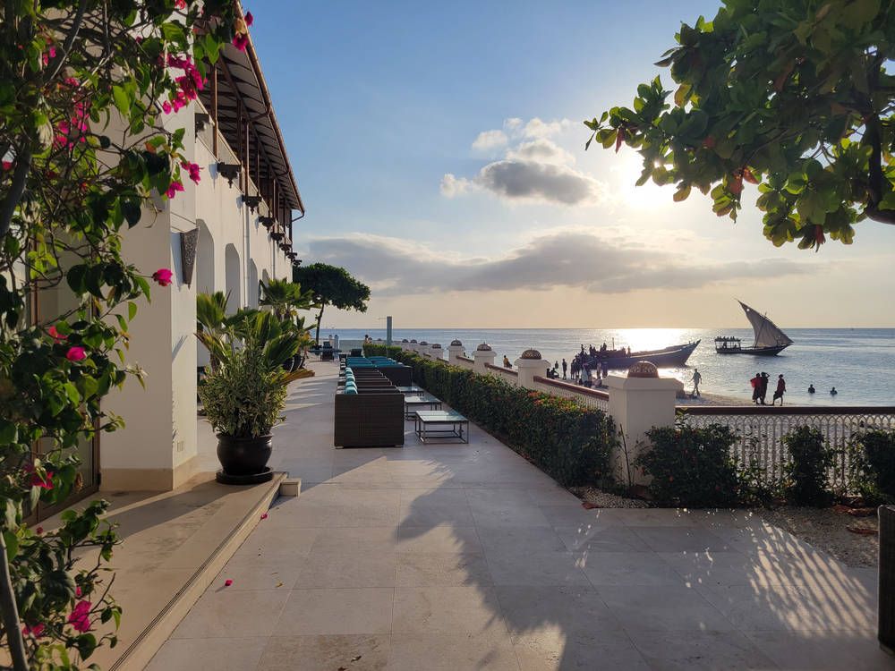 The hotel terrace along the water