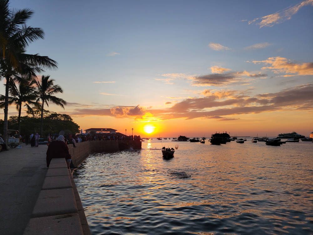 Sunset over the water from the sea wall